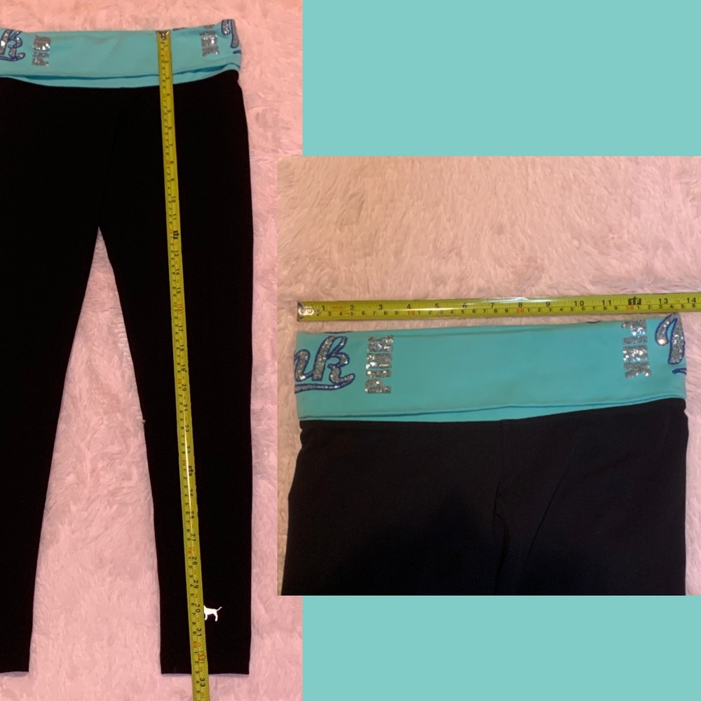Victoria’s Secret Pink Bling Sequin Black Aqua Turquoise Yoga Leggings Tights - Picture 13 of 15